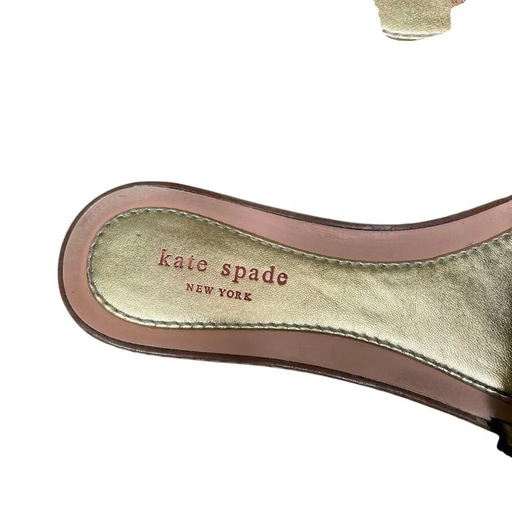 Kate Spade New‎ York Navy Raffia and Gold bow leather slide sandals women’s 9